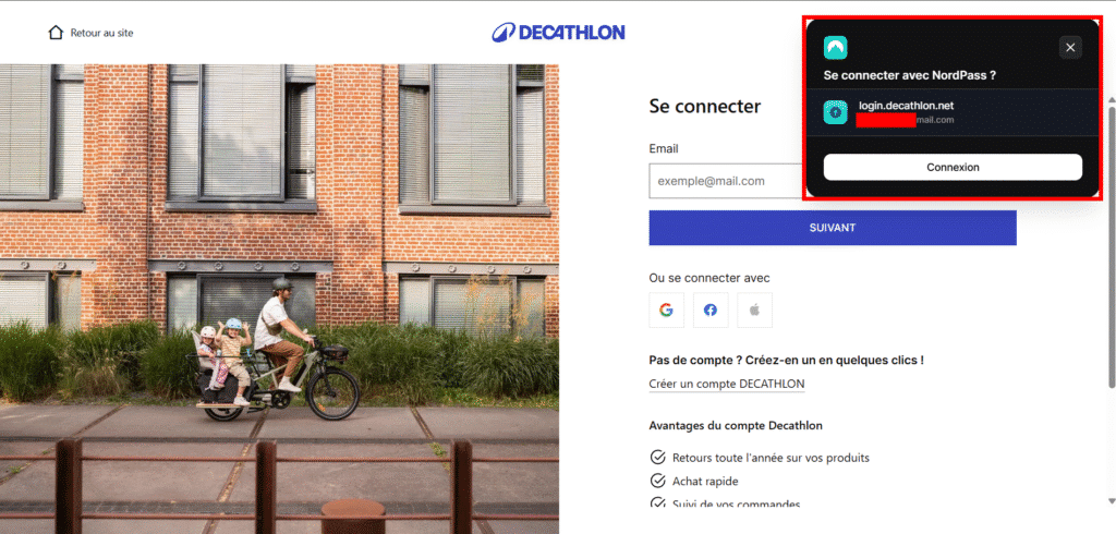 Nordpass champ de connexion sur un site web, avec la petite icône nordpass et la proposition de remplissage automatique.