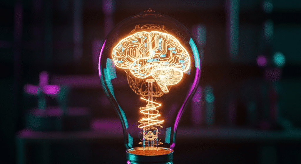 Une ampoule au filament en forme de cerveau avec des circuits digitaux, symbolisant le déclic et une nouvelle idée.