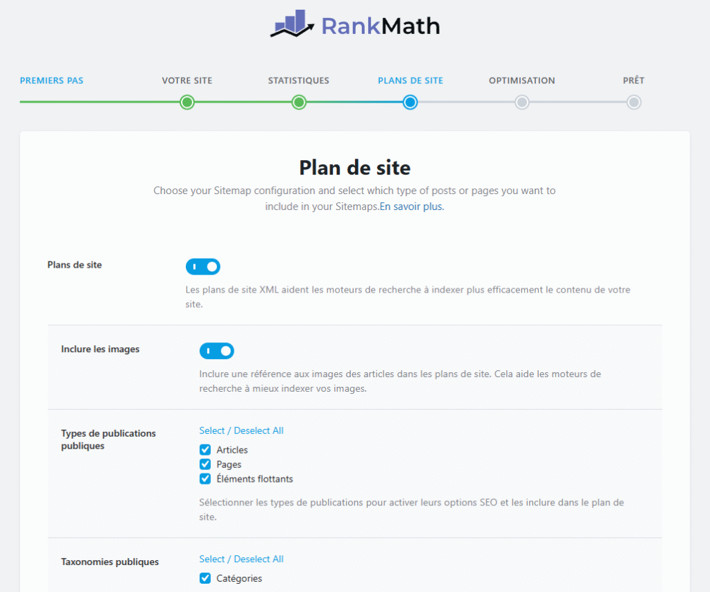 Rank Math L'écran de l'étape "Sitemap", montrant les interrupteurs simples à activer