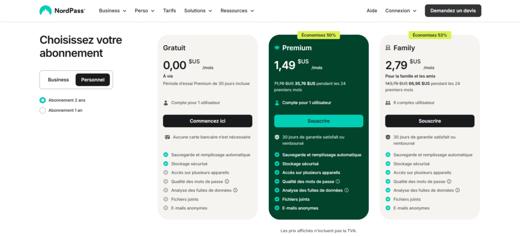 Avis Nordpass page d'accueil montrant les offres particuliers et la promesse gratuit à vie