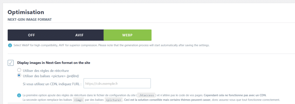 Les réglages de compression et l'activation du WebP